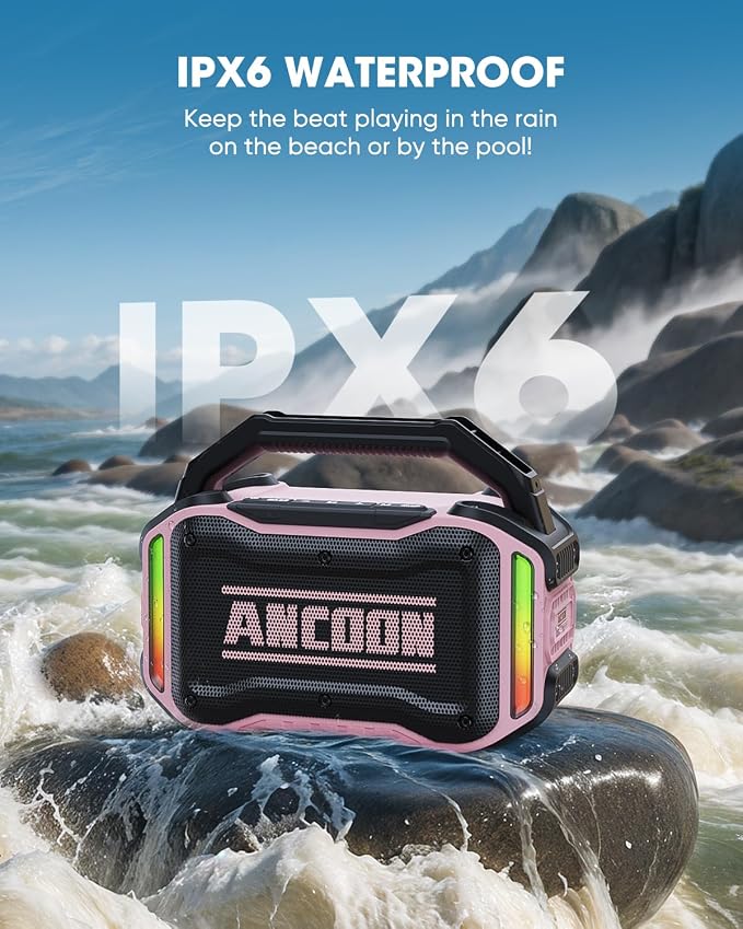 ANCOON Speakers Bluetooth Wireless: 80W(Peak) Loud Speaker with Bass, 20H Playtime, IPX6 Waterproof, Large Jobsite Speakers for Work, Outdoor, Workshop, Garage, Portable Speaker with TWS (Pink)