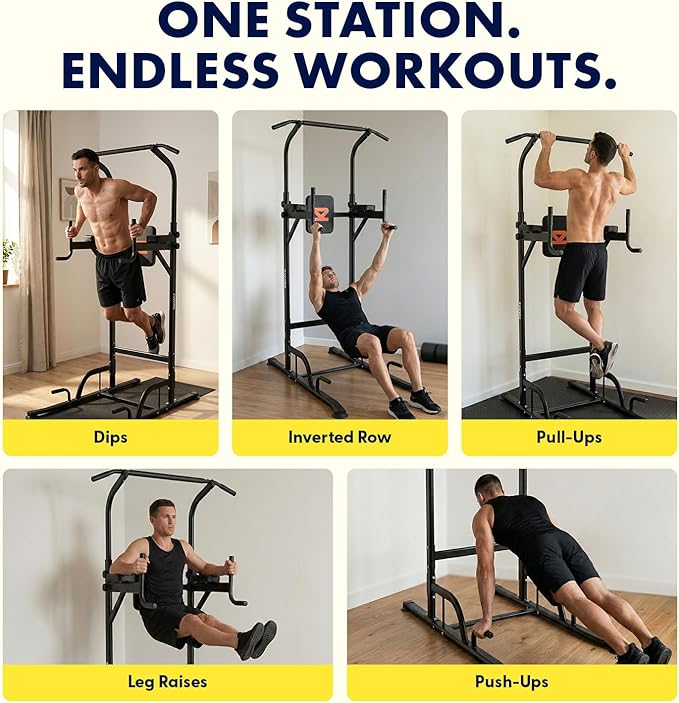 SQUATZ Power Tower Pull Up Station with Free Standing Pull Up Bar, Multi-Grip Workout Frame with 6 Adjustable Heights, H-Base Stability, Steel Construction, 330 lb Capacity for Home Gym, Black