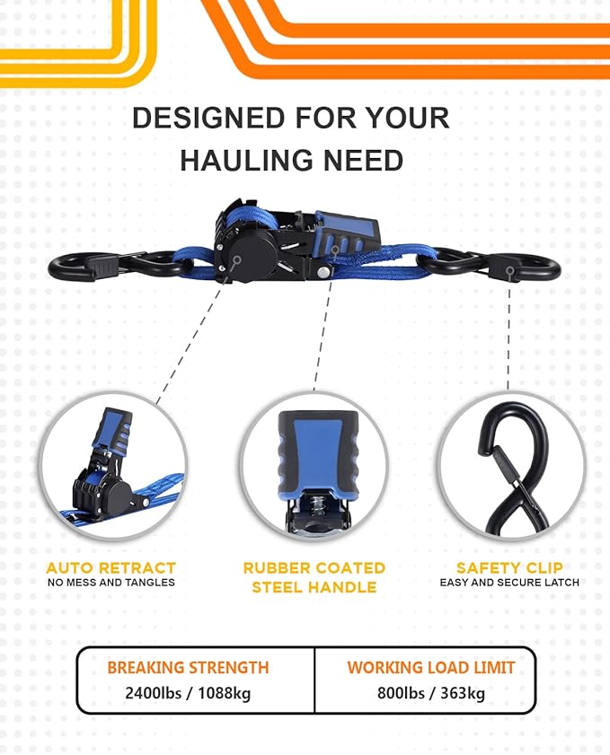 Strapinno Retractable Ratchet Straps - 1 in x 2.5 ft Heavy Duty Adjustable Boat Transom Tie Down, 2PCS, 2400lbs Breaking Strength, Safety S Hooks, For Boat, Jetski, Seadoo, Waverunner, and PWCs (Blue)