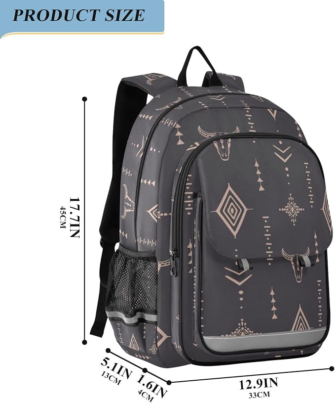 Fisyme Boho Bull Skull School Backpack Laptop Backpack Bags Bookbag Travel Casual Computer Notebooks Daypack