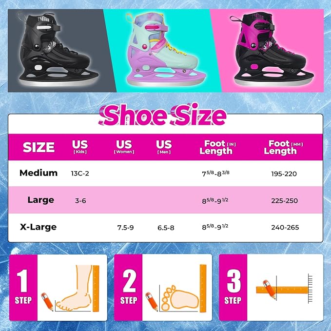 Nattork Ice Skates 4 Sizes Adjustable for Kids Boys Girls, Fun Beginner Ice Skating for Outdoor, Soft and Comfortable Hard Protection for Children Youths Teen