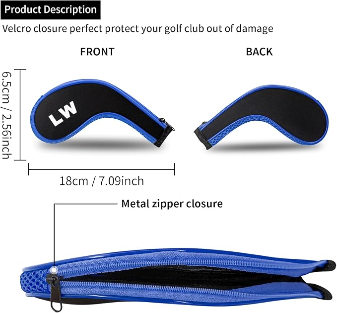 Golf Club 12pcs Thick Synthetic Zipper Long Neck Set Headcover Fit The Most Brands, Side Number Golf Iron Club Head Cover LW SW PW Covers #3,4,5,6,7,8,9