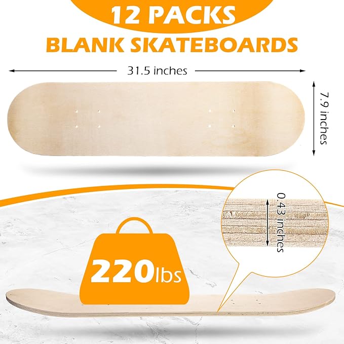 Honoson 12 Pcs Blank Skateboard Decks Bulk 32 x 8 Inch 7 Ply Maple Wooden Plain Skate Decks Natural Wood Double Tail Skateboard for Art Painting Wall Home Decoration