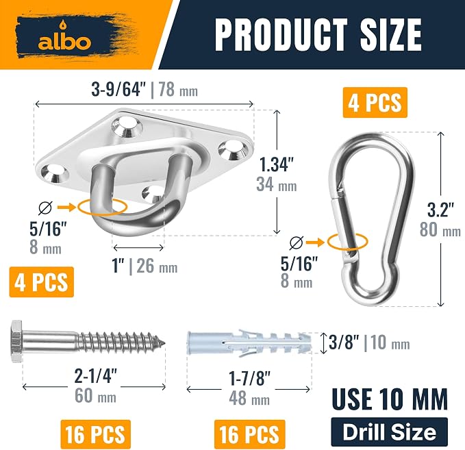 Albo Diamond Plate 2650lbs Swing Hangers 4 PCS - Heavy Duty Ceiling Mount Hooks with Snap Carabiners, 304 Stainless Steel for Wood & Concrete & Metal, Indoor Outdoor Anchor for Hammock, Yoga, TRX