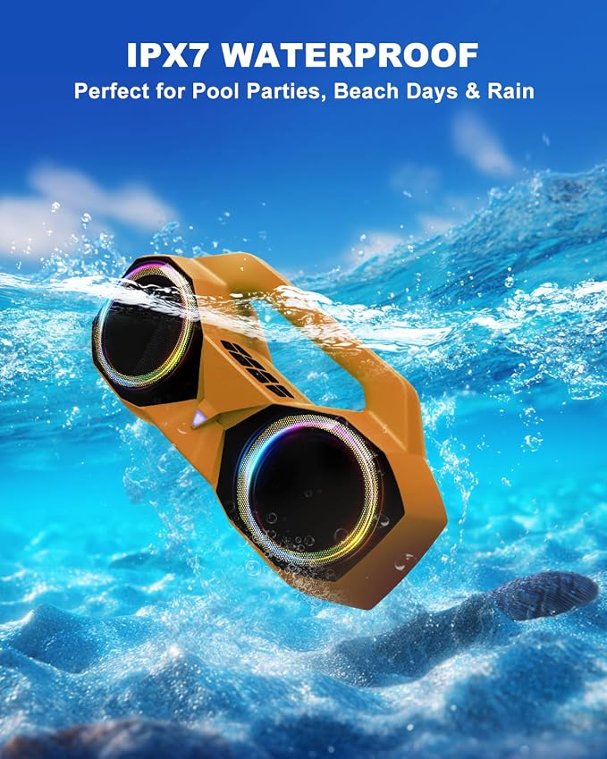 OZJ Bluetooth Speaker Outdoor Loud: 80W(Peak) with Bass, Portable Wireless Speaker with IPX7 Waterproof, 20H Playtime, RGB Lights, TWS for Outside, Beach, Work (Orange)