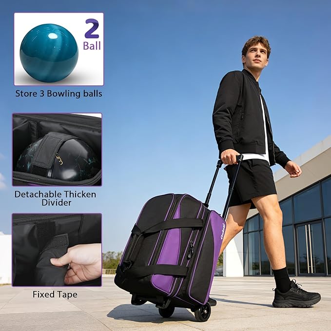 Goloni 3 Ball Bowling Bag with Wheels, 2+1 Double Roller Bowling Bag with Shoe Compartment,Tote Bag for Bowling Accessories