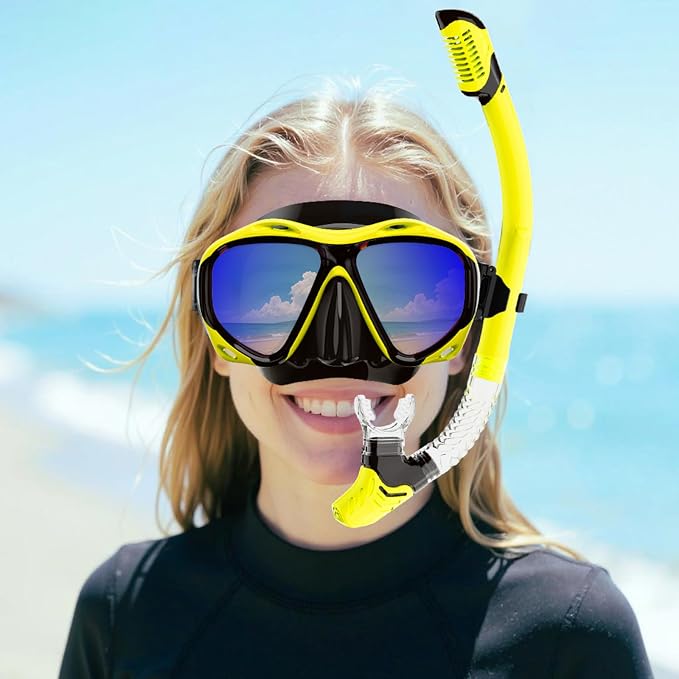Snorkeling Gear for Adults, Snorkel Mask With Mirrored Tempered Glass Lens 180° Wide View Anti-Fog Scuba Diving Mask, Professional Snorkel Set for Swimming Diving, Gifts for Women Mom Men Dad