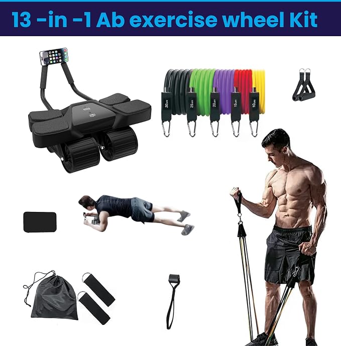 Ab Roller Home Gym Equipment – 4 Wheels Ab Wheel Muscle Roller with Built-in Tracker , 5Pcs Resistance Bands, Ankle Straps, Door Anchor, Handles, Travel Bag – Comfortable Elbow Support with Non-Slip Handles