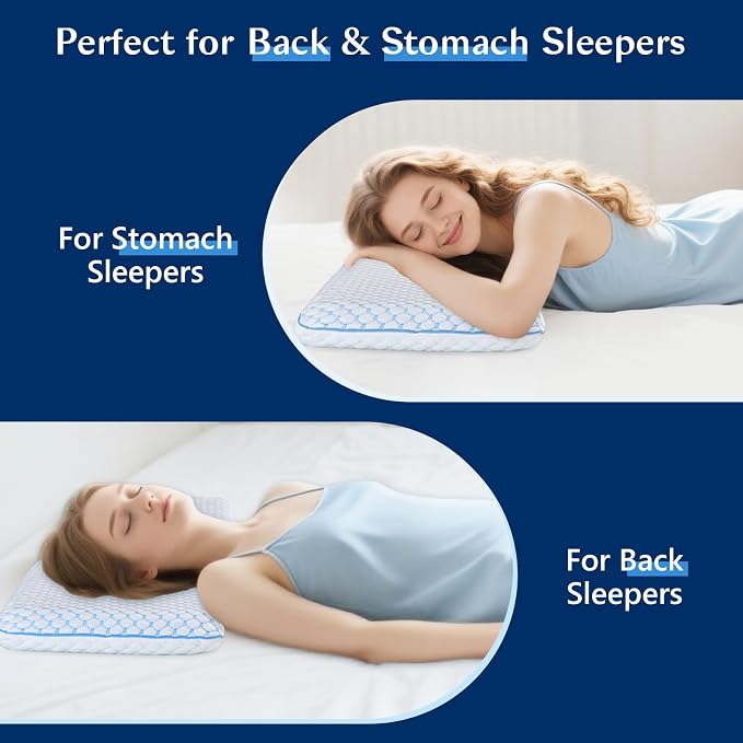 Stomach Sleeping Pillow for Stomach & Back Sleepers,Cooling Gel Thin Memory Foam Pillows for Back Shoulder Neck Pain Relief - Low Profile Ultra Flat Soft Pillow Cases with Zipper 2.25-Inches