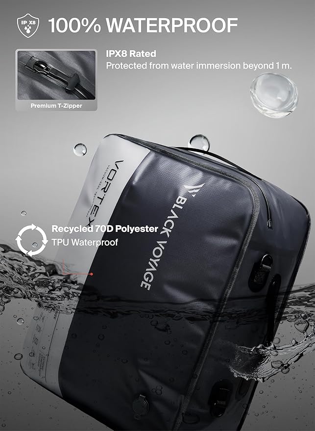 Black Voyage Reusable Vacuum Compression Travel Bag for Carry-On Suitcase and Backpack, Recycled IPX8 Waterproof Space Saver Vacpack (1-Pack, 41L - No Pump)