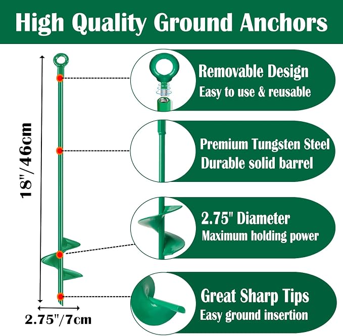 18 inch Ground Anchors Srew in Heavy Duty, Earth Shed Anchor Kit, Trampoline Stake Hook for Dirt, Swing Sets, Playset, Tent, Canopy, Carport, Mobile Home Tie Down, 6 Pack