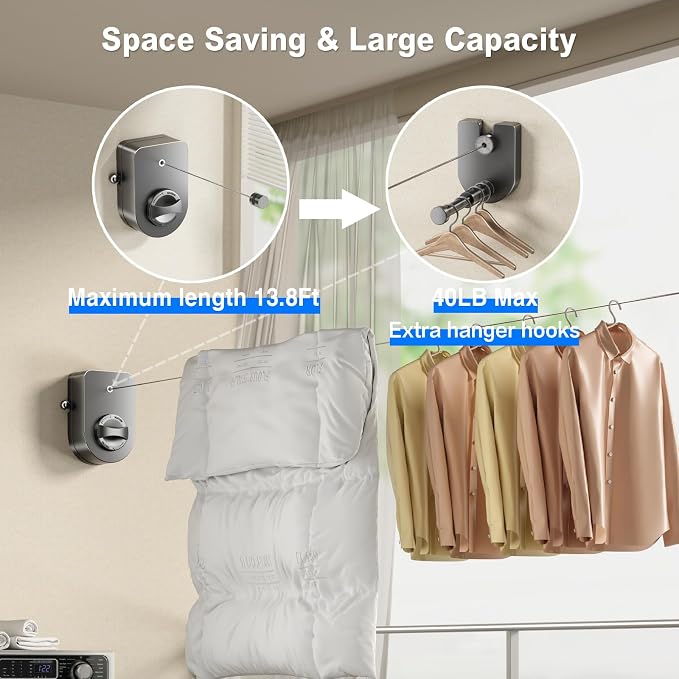 Mustorn Retractable Clothesline Indoor, Non-Sagging Outdoor Clothes Line Retracting Heavy Duty Clothes Drying Laundry Line Wall Mounted Stainless Steel Line-13.8 Feets (Single Line-Gray)
