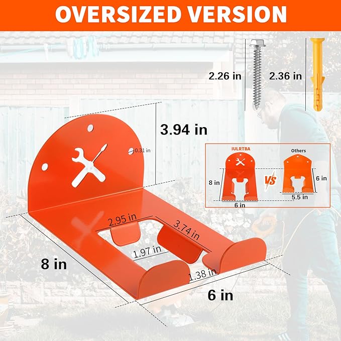 Upgraded Trimmer Rack Wall Mount - 8" Heavy Duty Weed Eater Hanger for Garage Wall, Garden Power Tool Holder Organizer Hooks for Grass Trimmer, Hedge Trimmer, Leaf Blower and Chainsaw, Orange, 2 Pack