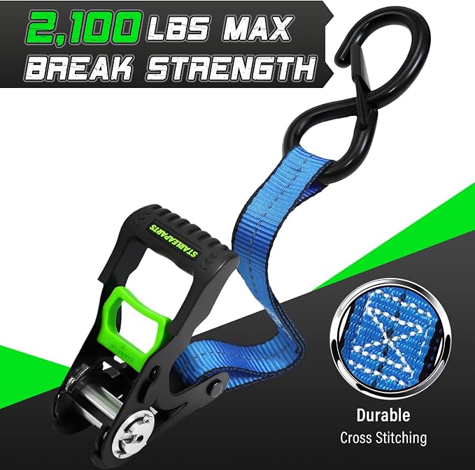 Motorcycle Tie Down Strap (4PK 1.0INX15FT) - 2,100lb Break Strength, Premium Ratchet Tie Down Straps Set, Soft Loop Ratchet Straps for Moving Appliances, Lawn Equipment, Cargo Straps for Trucks