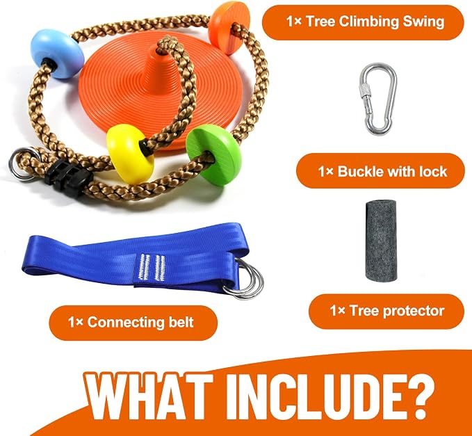Tree Swing for Kids,Climbing Rope with Platforms,Disc Swing Seat Set Outdoor Playground Accessories for Kids-Include Carabiner, 4ft Tree Strap and Tree Protector (Orange)