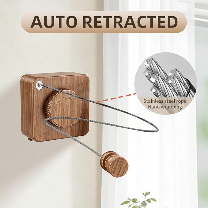 Anti-Sag Retractable Clothesline 40LB Capacity - 201in Stainless Steel Laundry Line for Indoor Outdoor, Wall Mounted Space Saving Easy Install (Wood Grain, Single line)