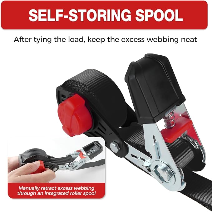 NeatStrap Ratchet Strap with Safety Lock Chromoly S Hooks-1,500lbs Break Strength-Motorcycle, Kayak Ratcheting Straps 1" x 15' Soft Loop Tie-Downs for Pickup Bed,Moving Truck,Trailer(4PK)