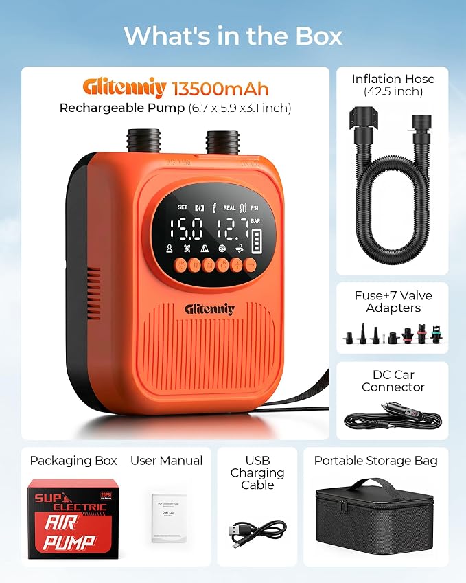 13500mAh Paddle Board Electric Pump SUP Pump for Paddleboard Air Compressor with Auto-Off Deflation Function 20PSI Rechargeab Stand-up Paddleboards Pump for Inflatables Kayaks and Boats