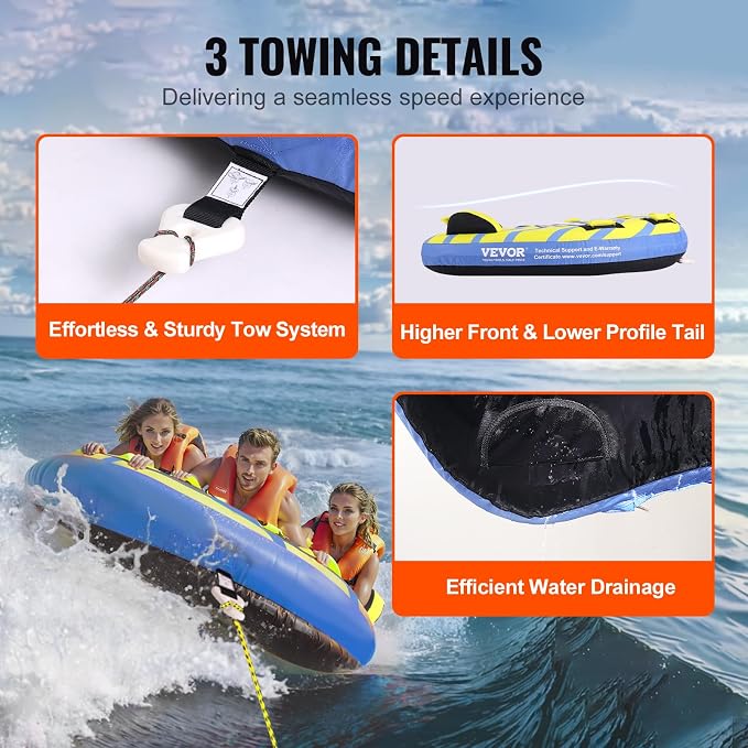 VEVOR Towable Tubes for Boating, 1-4 Riders Inflatable Boat Tubes & Towables, 340-680 lbs Capacity, Multiple Sizes with Full Nylon Cover, Padded/EVA Handles, Fins & Safety Valve (Multi-Option)