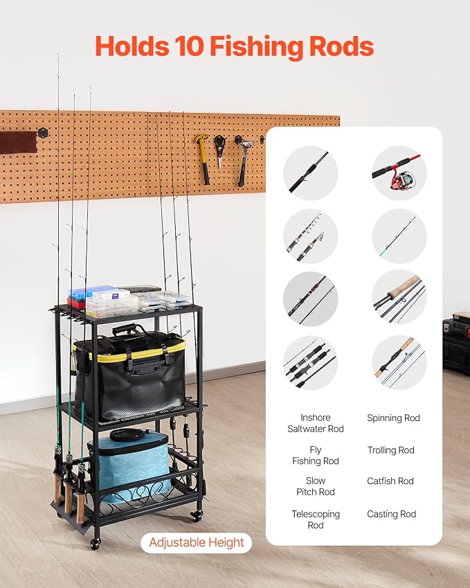 VEVOR Fishing Rod Holder for 10-Rods, Mobile Fishing Pole Rack Cart with Wheels, Fish Gear Equipment Organizer for Garage Home Indoor Use, for Tackle Box Reel Accessories Storage, Gifts for Men