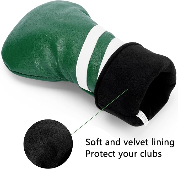 3PCS Vintage Golf Club Classic Green and Black Driver, Fairway Wood and Hybrid Head Covers Set PU Leather Headcovers with Interchangeable No. Tag