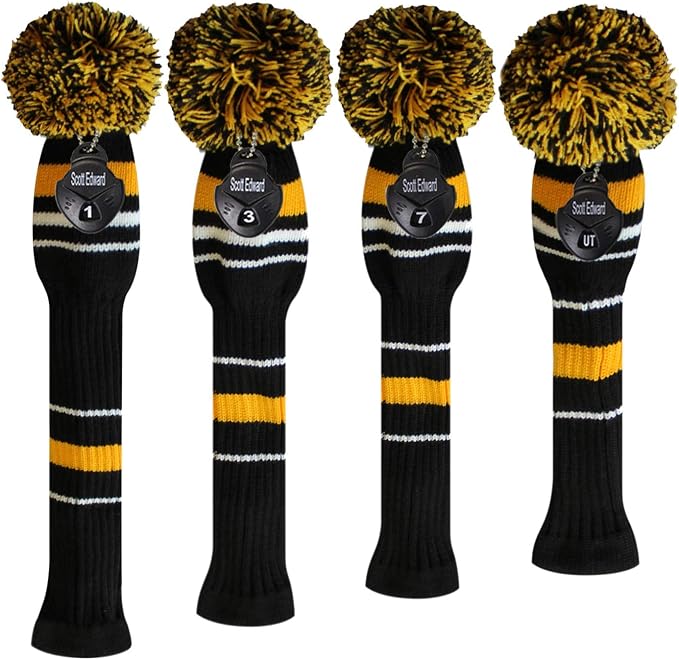 Scott Edward Golf Club Head Covers Set of 4, Acrylic Yarn Double-Layers Knitted, with Rotatable Number Tags