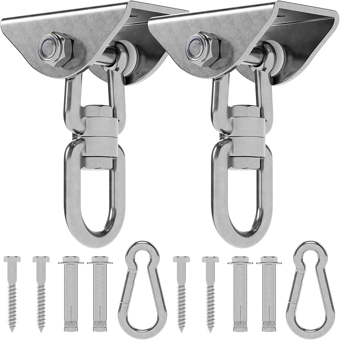 360°Rotating Hammock Hanging Kit, Heavy Duty 1200 lb Capacity Stainless Steel Hanging Swing Hooks, 2 Pack Swing Hanger for Yoga, Hammock Chair, Sandbag, Swing Sets(Silver