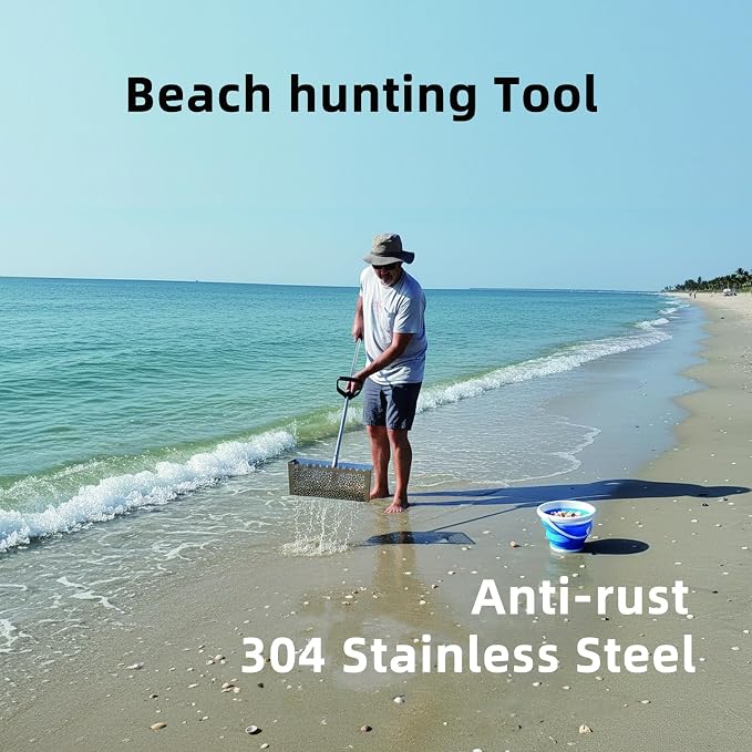 Sand Fleas Rake, 304 Stainless Steel Sand Sifter, Collapsible Shark Tooth Sifter for Beach,Rust-Proof Sand Crab Catcher with Foldable Pail .