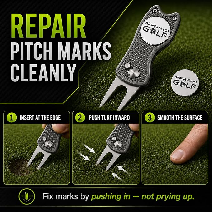 Golf Divot Repair Tool — 5-in-1 Golfing Ball Marker, Pitch Mark Repair, Putting Alignment, Club Tee, and Groove Cleaner, Accessory Metal Switchblade Design - Ideal Gift for Golfers
