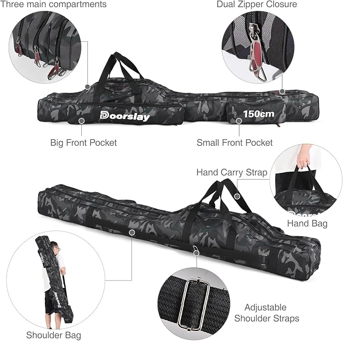 Fishing Rod Case - Three Layer Oxford Portable Folding Pole Bag, Waterproof Tackle Storage, Travel Bags for Camping, Hiking
