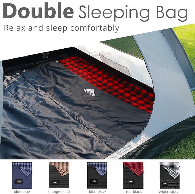 Cotton Flannel Double Sleeping Bag for Camping, Backpacking Or Hiking. Queen Size 2 Person Waterproof Sleeping Bag for Adults Or Teens. Lightweight with Compression Sack