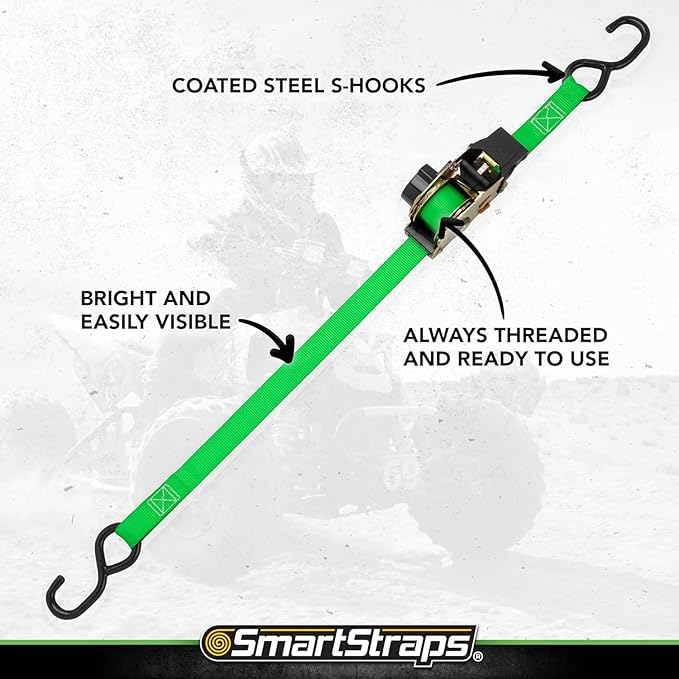 SMARTSTRAPS Retractable Ratchet Tie Down Straps (4 PK) 1,500lb Break Strength, 500lb Safe Work Load, Standard Duty, Secure and Haul ATVs, Lawn Tractors, Cargo, Boxes and Other Small Equipment