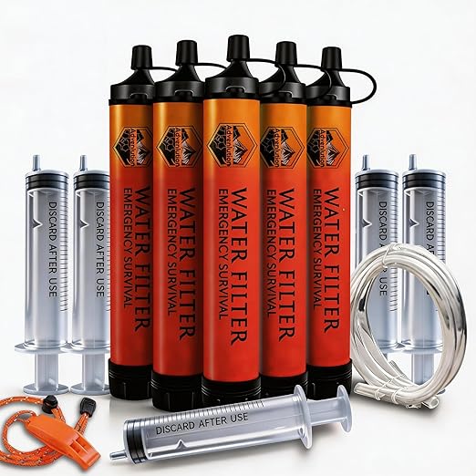 5-Pack Personal Water Filter Straw with Emergency Whistle, Portable Reusable Survival Filter for Family Camping, Hiking, Backpacking & Emergency Preparedness