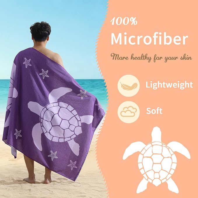 4 Pack Oversized Beach Towels 4 Pack,40”x70” Microfiber Thin Large Beach Towel Set for Adults Travel Camping Swimming,Turtle Starfish Them Sand Free Quick Dry Lightweight XL Pool Towels,Purple