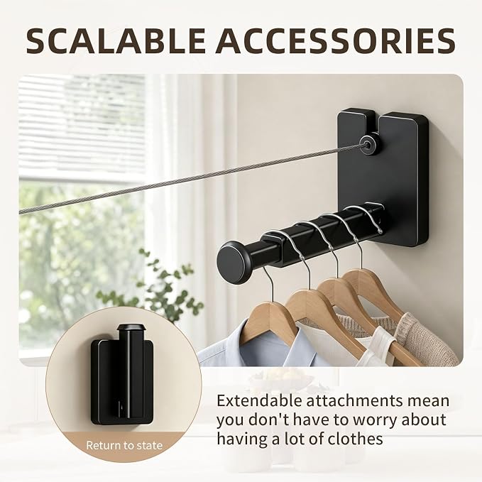 Anti-Sag Retractable Clothesline 40LB Capacity - 201in Stainless Steel Laundry Line for Indoor Outdoor, Wall Mounted Space Saving Easy Install (Black, with Pole)
