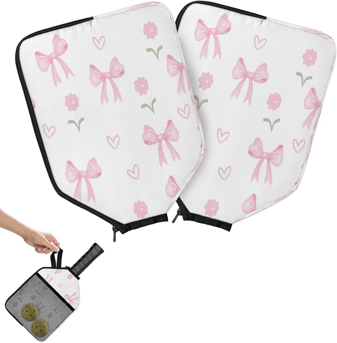 Flowers Bows Pickleball Paddle Cover Racket Sleeve Bag with Handle Strap Mesh Pocket 12.4 × 9.45 Inch Universal Fit for USAPA Standard Paddles for Outdoor Travel 2 PCS