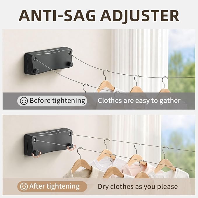 Anti-Sag Retractable Clothesline 40LB Capacity - 201in Stainless Steel Laundry Line for Indoor Outdoor, Wall Mounted Space Saving Easy Install (Gray, Double Lines)