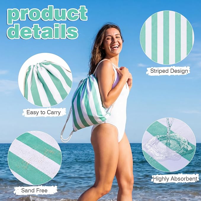 2 Pcs 2-in-1 Stripe Beach Towel Backpack, 31.5 x 63 Foldable Lightweight Microfiber Towel Bag Quick Dry Sand-Resistant Towels for Pool Camping Yoga Travel (Dark Blue,Green)