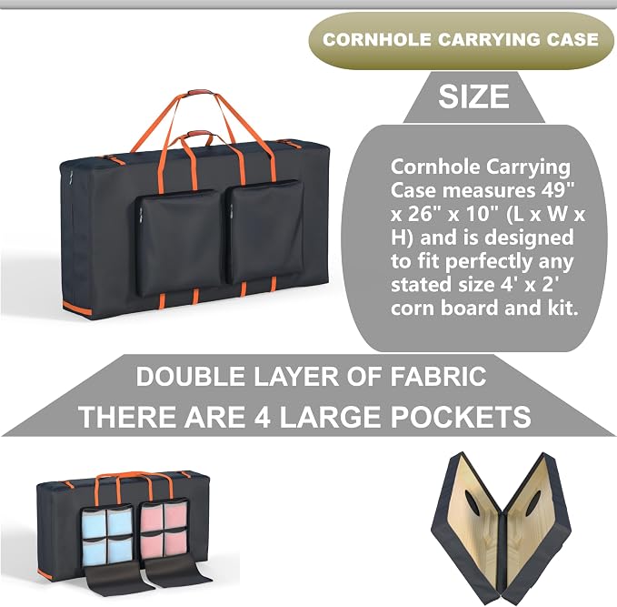 Cornhole Carrying Case Fits 4' x 2' Regulated Size, Heavy Duty 600D Oxford Fabric Waterproof & Dustproof, 4 Large Pockets for Outdoor Play