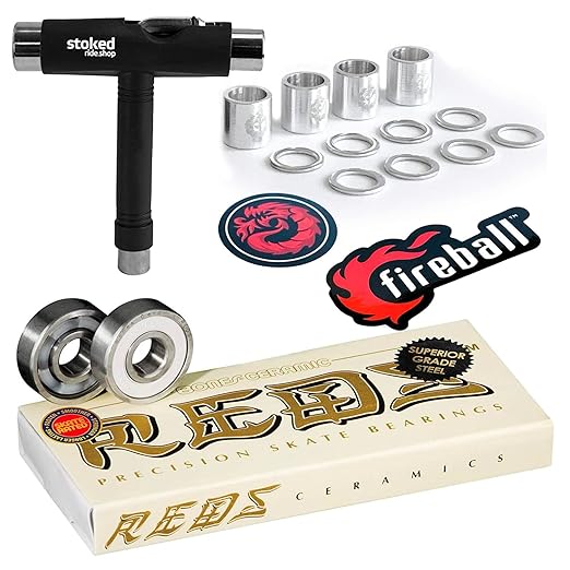 Bones Reds Skateboard Bearings 8-Pack [for Skateboards, Longboards, Scooters, Spinners] (_Bones Ceramic Super Reds, _8-Pack w/Dragon Spacers, Washers & Stoked Tool)