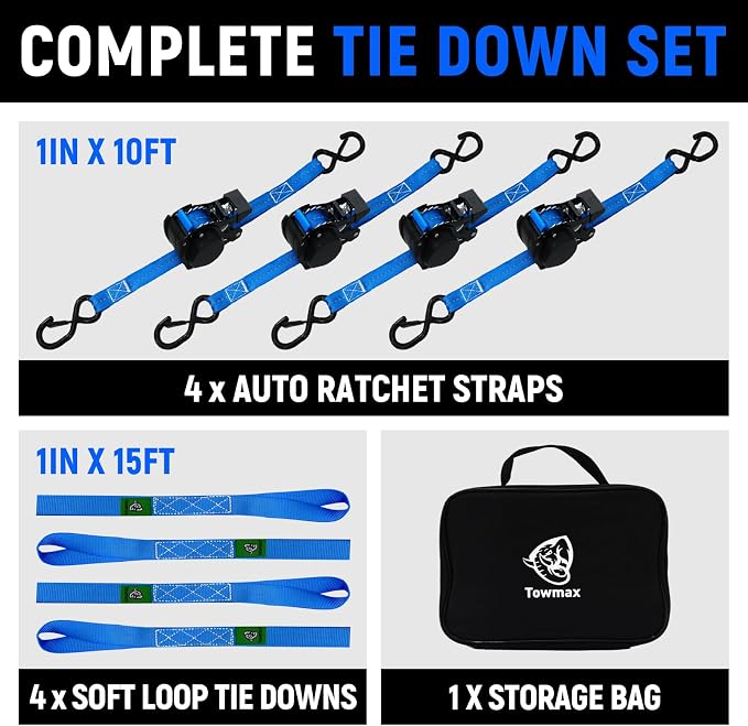 Retractable Ratchet Straps (Patented-4pack) - 1 inch x 10Feet (1,800lb Break Strength) Auto Self Retracting Tie Down Straps - Self Retractable Straps with Refletcive for Motorcyle, Truck or Cargo
