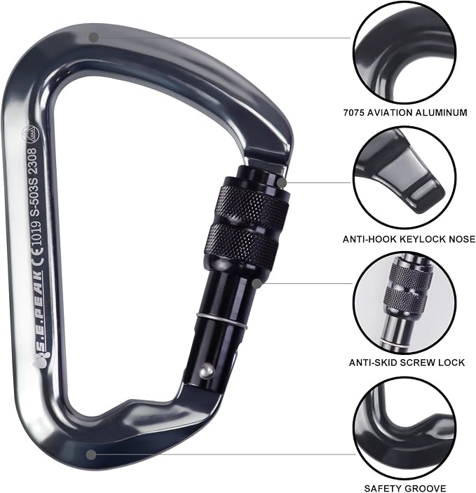 SEPEAK UIAA 30kN Locking Climbing Carabiner, Professional Heavy Duty Screwgate Clip for Outdoor Climbing, Mountaineering, Rappelling, Camping, Hiking, Swing,Large D Carabiner Hook/6744lb