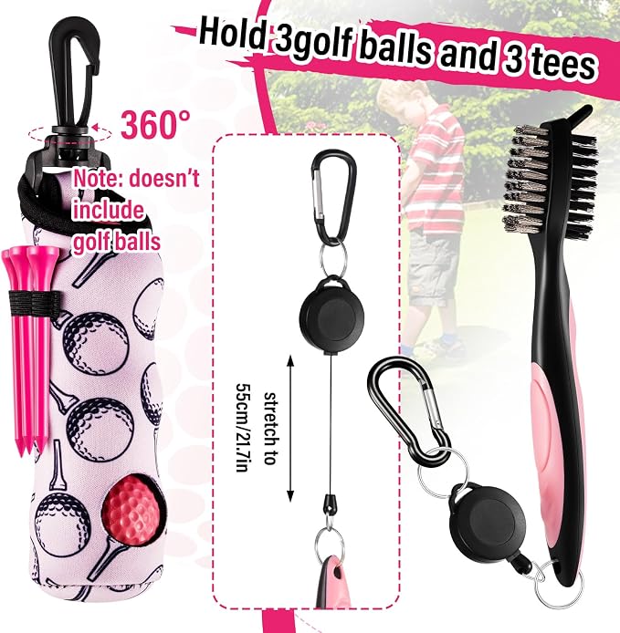 14 Pcs Pink Golf Accessories Set for Women, Golf Glove (fits 6.5 to 6.7" Hand, M/L), Microfiber Towel, Ball Bag with Clip, Tees, Magnetic Ball Marker, Divot Tool & Club Cleaning Brush