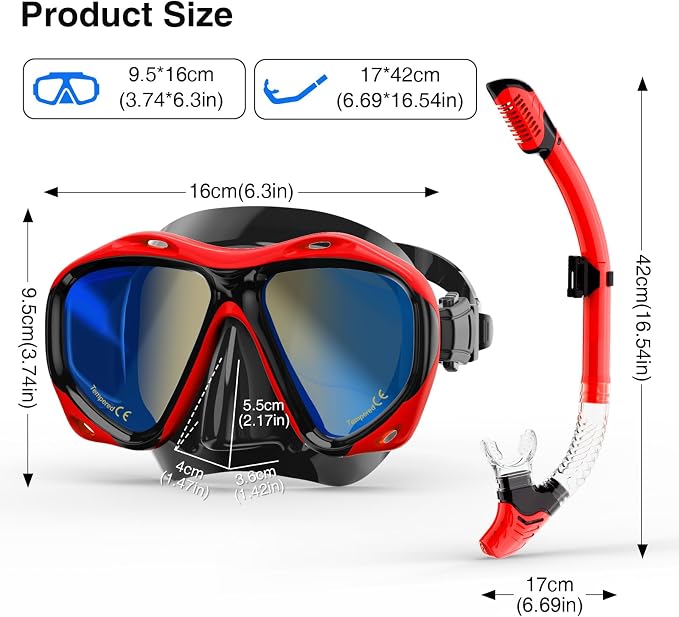 Snorkeling Gear for Adults, Snorkel Mask With Mirrored Tempered Glass Lens 180° Wide View Anti-Fog Scuba Diving Mask, Professional Snorkel Set for Swimming Diving, Gifts for Women Mom Men Dad