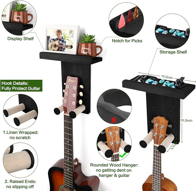 Keebofly Guitar Wall Hanger,2 Pack Guitar Wall Mount Holder Guitar Hanger Shelf with Pick Holder Wood Guitar Rack for Acoustic or Electric Guitar,Ukulele,Bass,Mandolin Black,[Patented]
