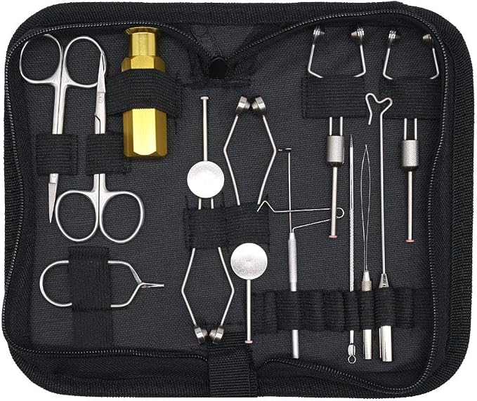XFISHMAN Fly Tying Tool Kit 12 in 1 with Bobbin Finisher Scissors Hackle Hair Stacker Fly Fishing Tying Tools Set