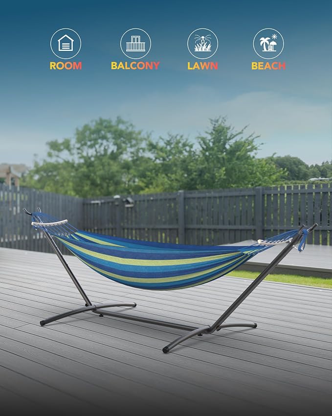Everyfun Double Hammock with Space-Saving Steel Stand, 2 Person Heavy-Duty Hammock for Garden, Yard or Outdoor, 600lbs Capacity, Wide Blue