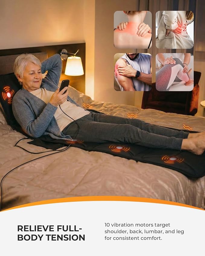 CooCoCo Upgraded Full Body Massage Mat with Enhanced Heat, 10 Motors Vibration Back Massager Pad for Bed Sofa Recliner, 3 Heating Zones, Gifts for Mom Dad, 66.5''x17.3''