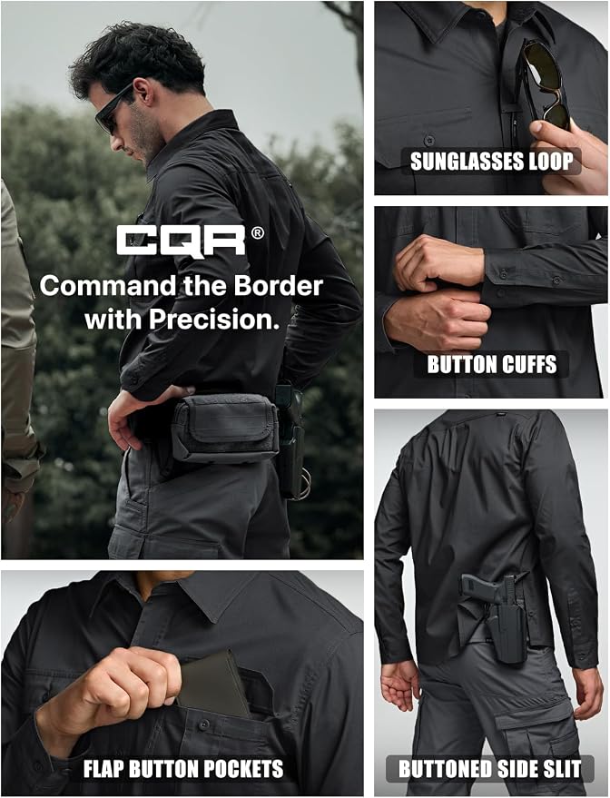 CQR Men's Long Sleeve Tactical Shirts, Ripstop Military Work Shirts, UPF 50+ Breathable Button Down Outdoor Hiking Shirt