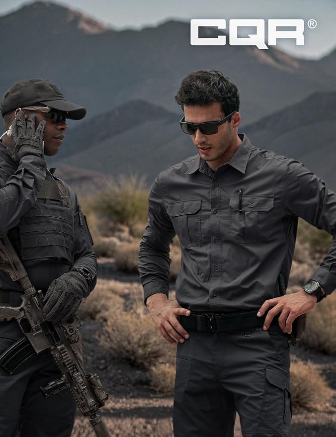 CQR Men's Long Sleeve Tactical Shirts, Ripstop Military Work Shirts, UPF 50+ Breathable Button Down Outdoor Hiking Shirt